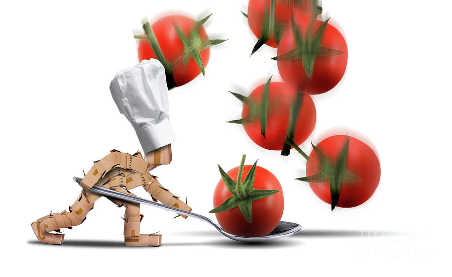 Cute chef box character catching tomatoes Digital Art by Simon Bratt