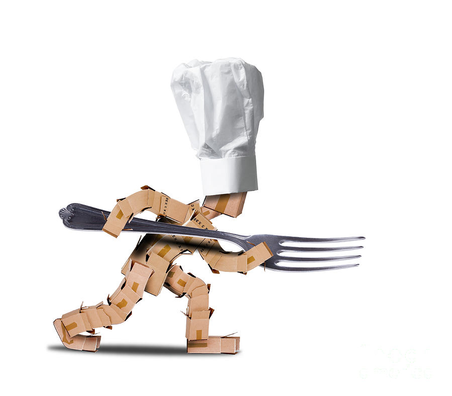 Cute chef box character with big fork Digital Art by Simon Bratt