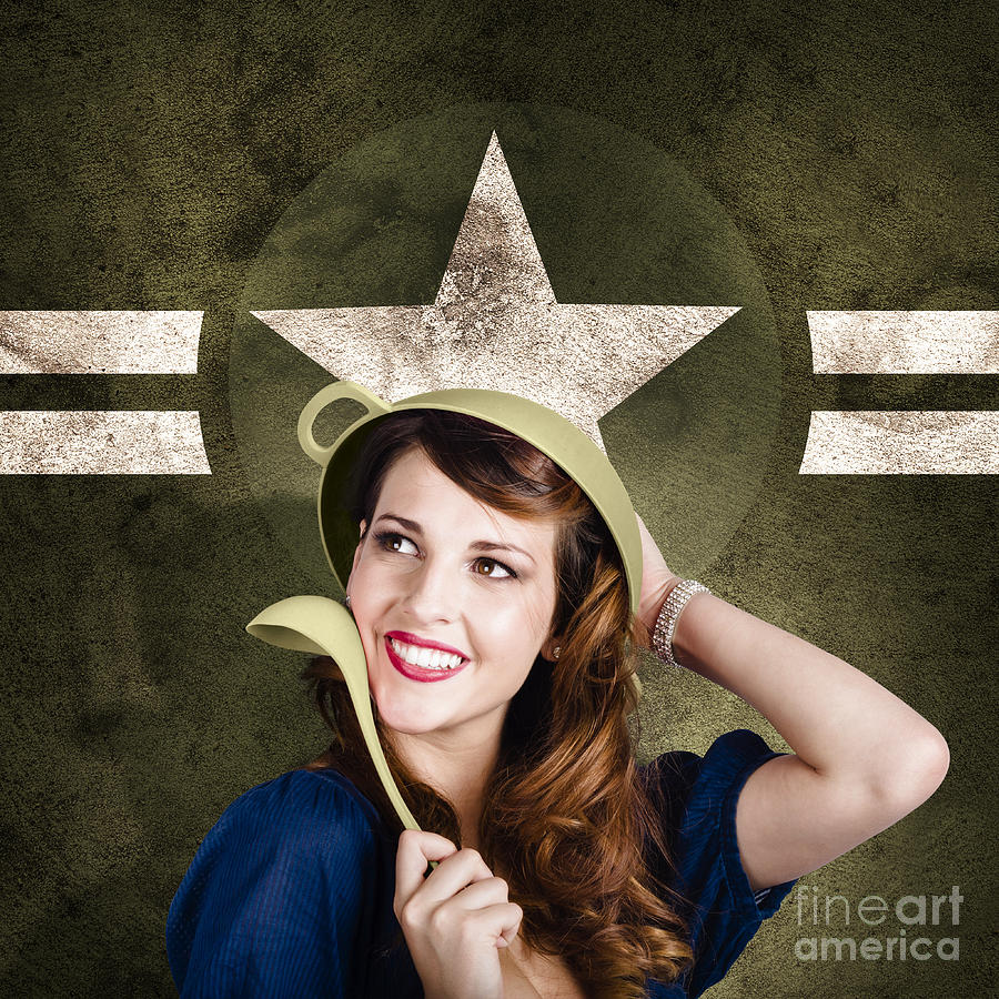 Cute military pin-up woman on army star background Photograph by Jorgo Photography