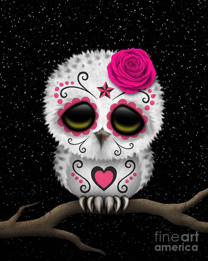 Owl Digital Art - Cute Pink Day of the Dead Sugar Skull Owl on a Branch by Jeff Bartels