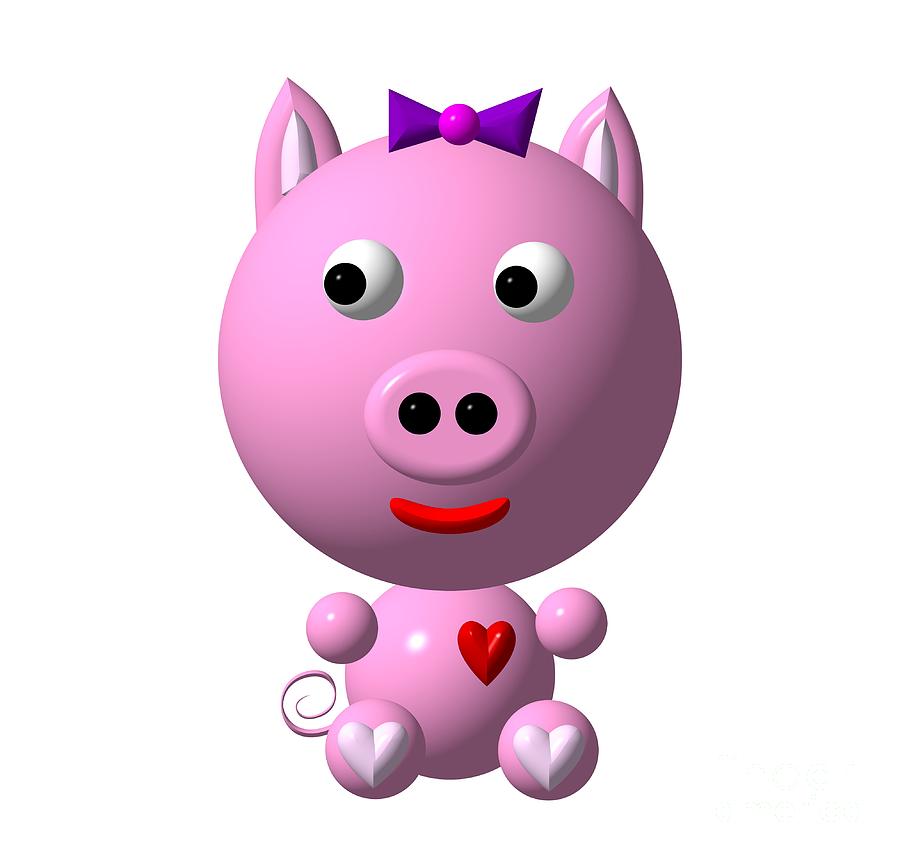 Pig Digital Art - Cute Pink Pig with Purple Bow by Rose Santuci-Sofranko