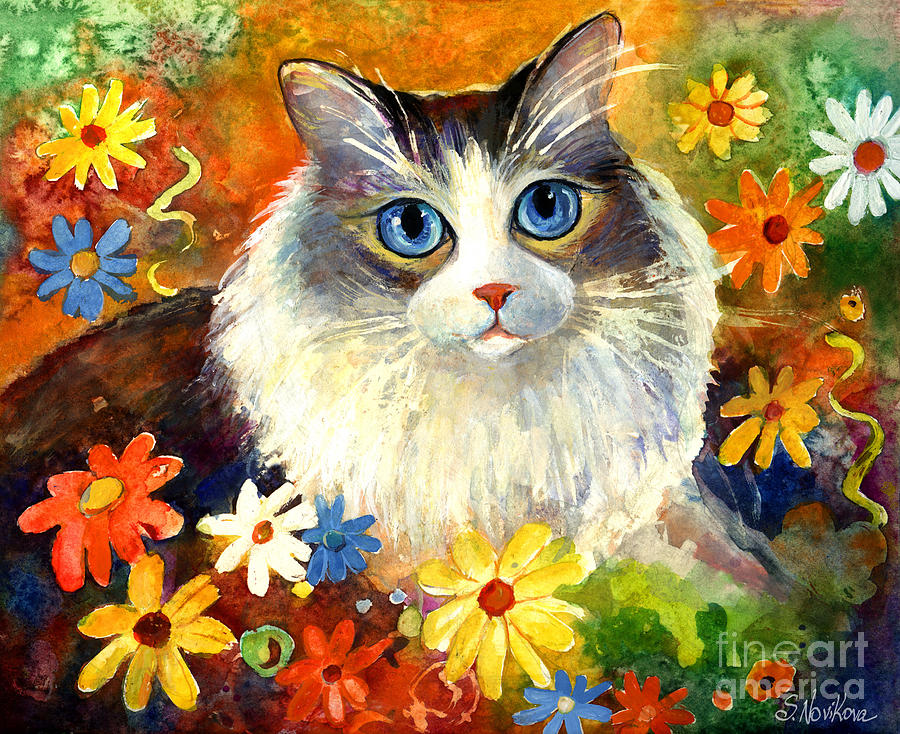 Ragdoll Cat Painting - Cute Ragdoll Tubby Cat in flowers by Svetlana Novikova