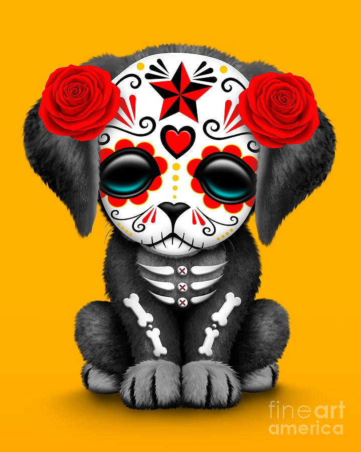 Dog Digital Art - Cute Red Day of the Dead Sugar Skull Dog  by Jeff Bartels