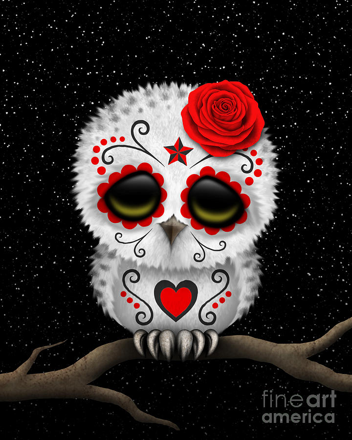 Owl Digital Art - Cute Red Day of the Dead Sugar Skull Owl on a Branch by Jeff Bartels