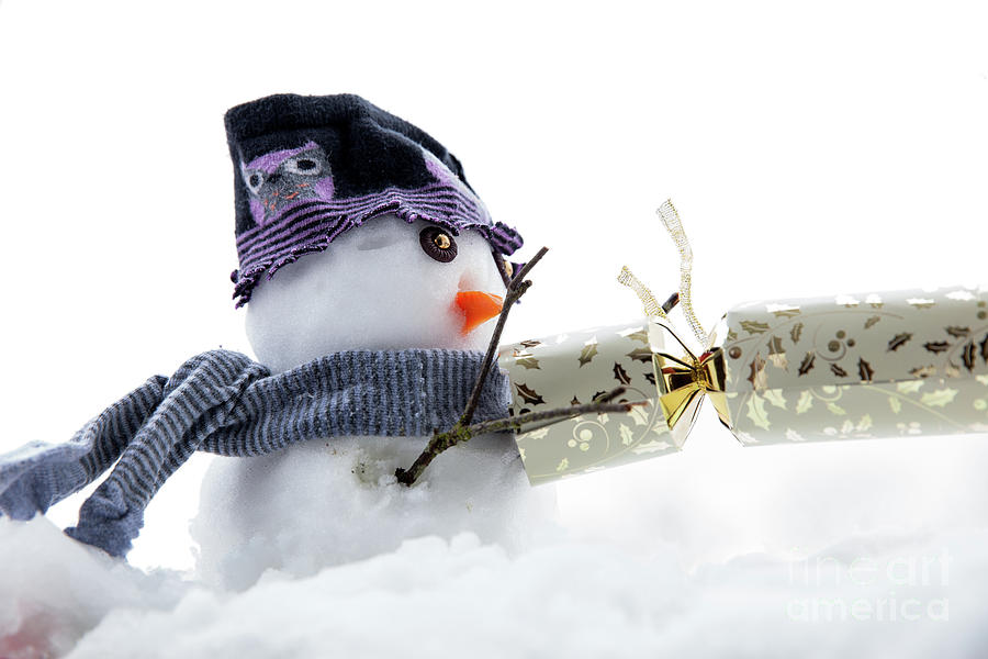 Cute snowman pulling a cracker Photograph by Simon Bratt