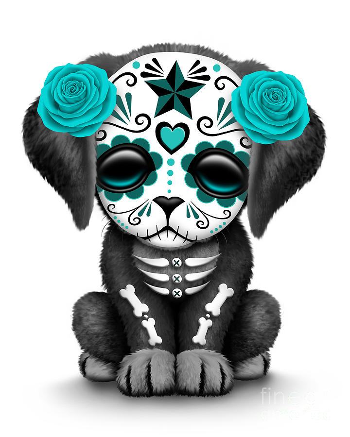 Dog Digital Art - Cute Teal Blue Day of the Dead Sugar Skull Dog  by Jeff Bartels