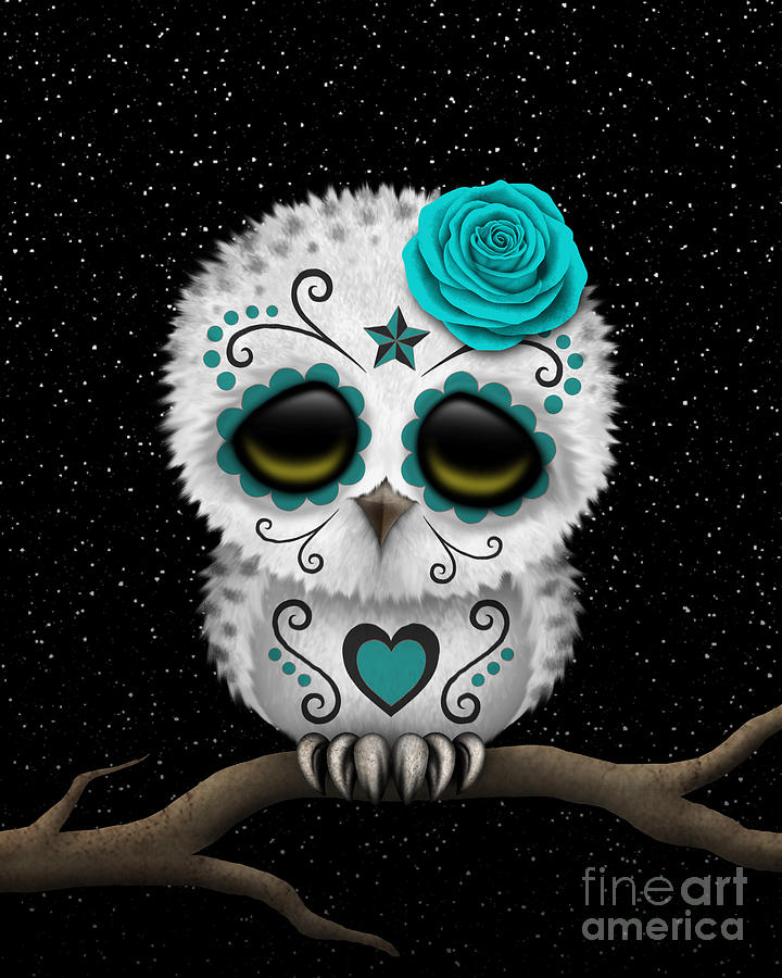 Owl Digital Art - Cute Teal Day of the Dead Sugar Skull Owl on a Branch by Jeff Bartels