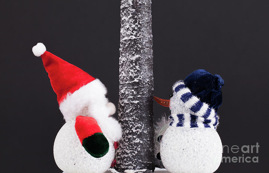 Cute toy Father Christmas and snowman under a tree. Festive scen Photograph by Simon Bratt