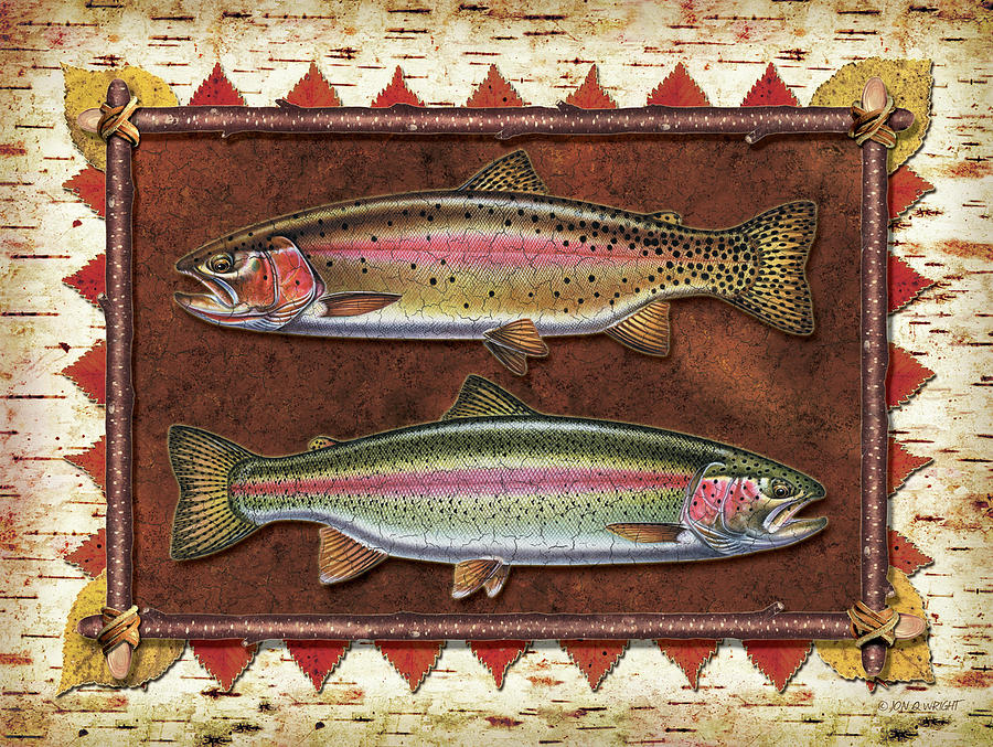 Trout Painting - Cutthroat and Rainbow Trout Lodge by JQ Licensing