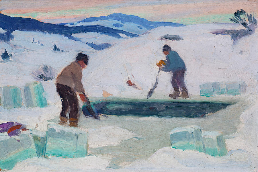 Winter Painting - Cutting ice on the Gouffre River Charlevoix by Clarence Gagnon