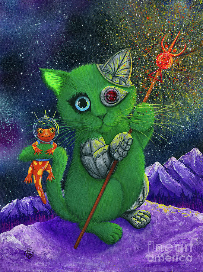Cy and Sal Space Explorers - Cyborg Space Cat Salamander Painting by Carrie Hawks
