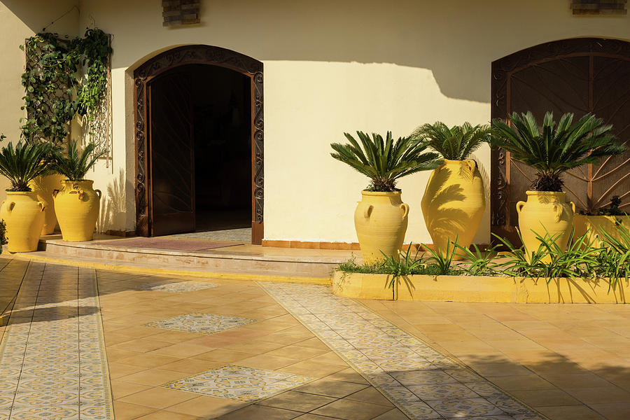 Cyber Yellow Mediterranean Courtyard with Amphoras and Palms Photograph by Georgia Mizuleva