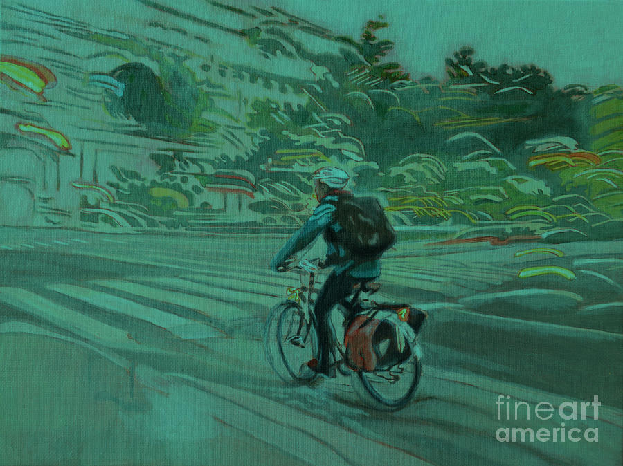 Cyclist In Blue Painting
