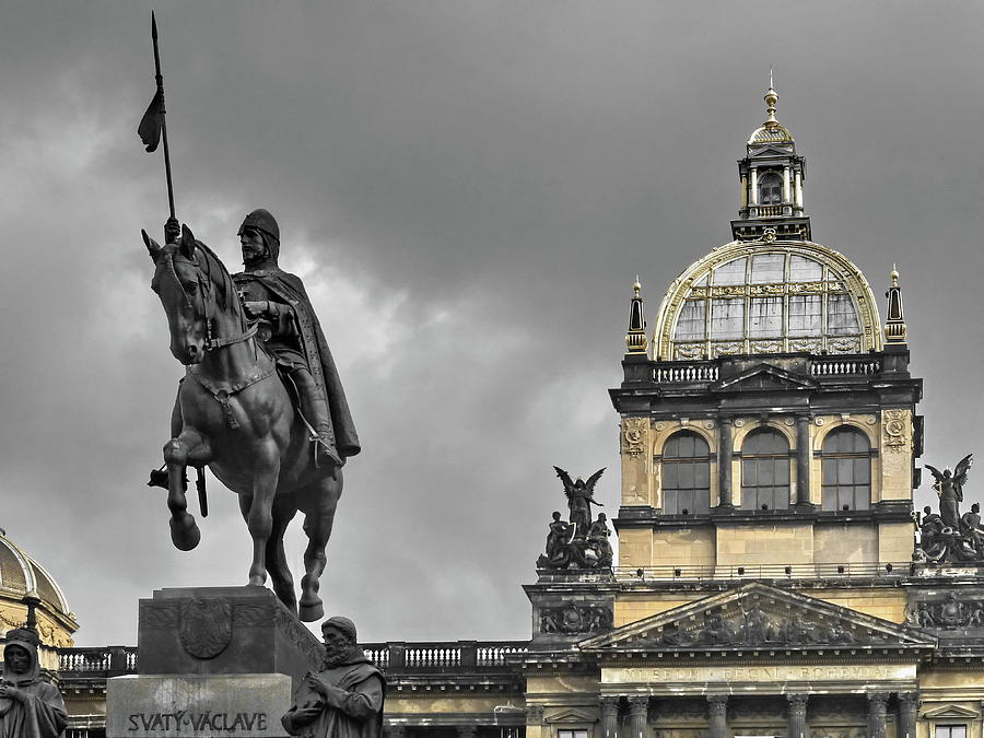 Horse Photograph - Czech National Museum and the statue of Wenceslas in Prague.  by Lyuba Filatova