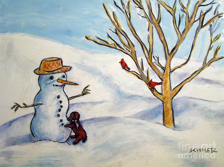 Dachshund Painting - Dachhsund Building a Snowman by Jay  Schmetz