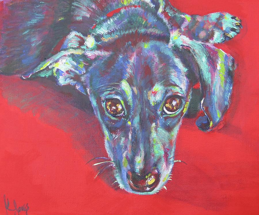 Dachshund Painting - Dachshund on Red by Karin McCombe Jones