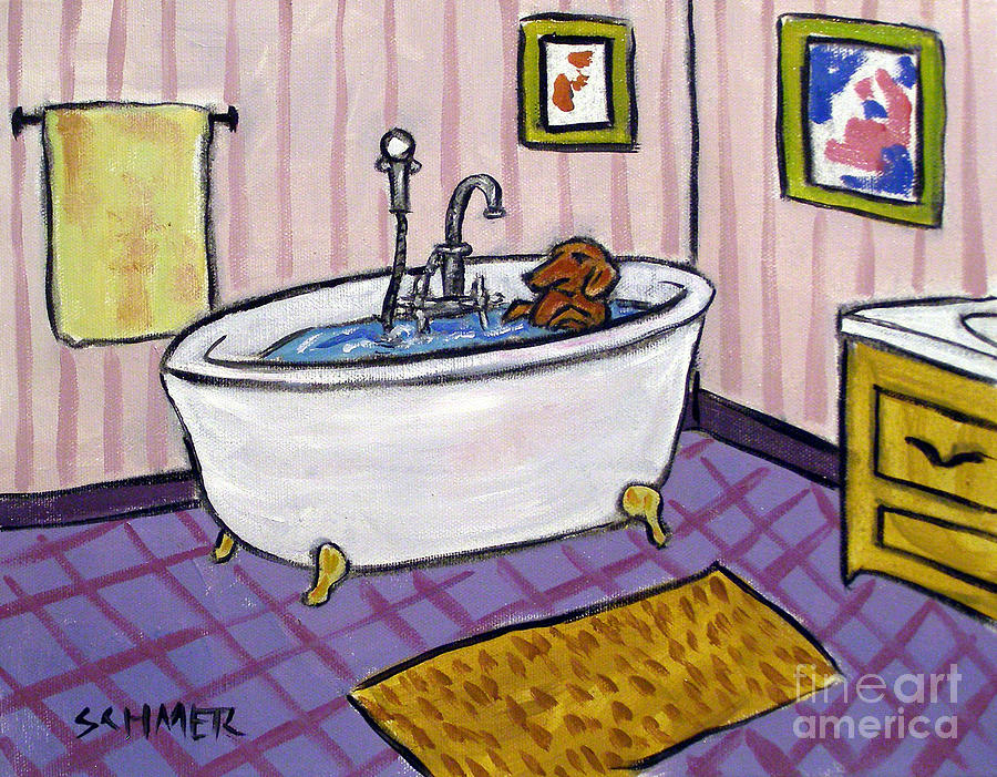 Dachshund Painting - Dachshund Taking a Bath in a Claw Foot Tub by Jay  Schmetz