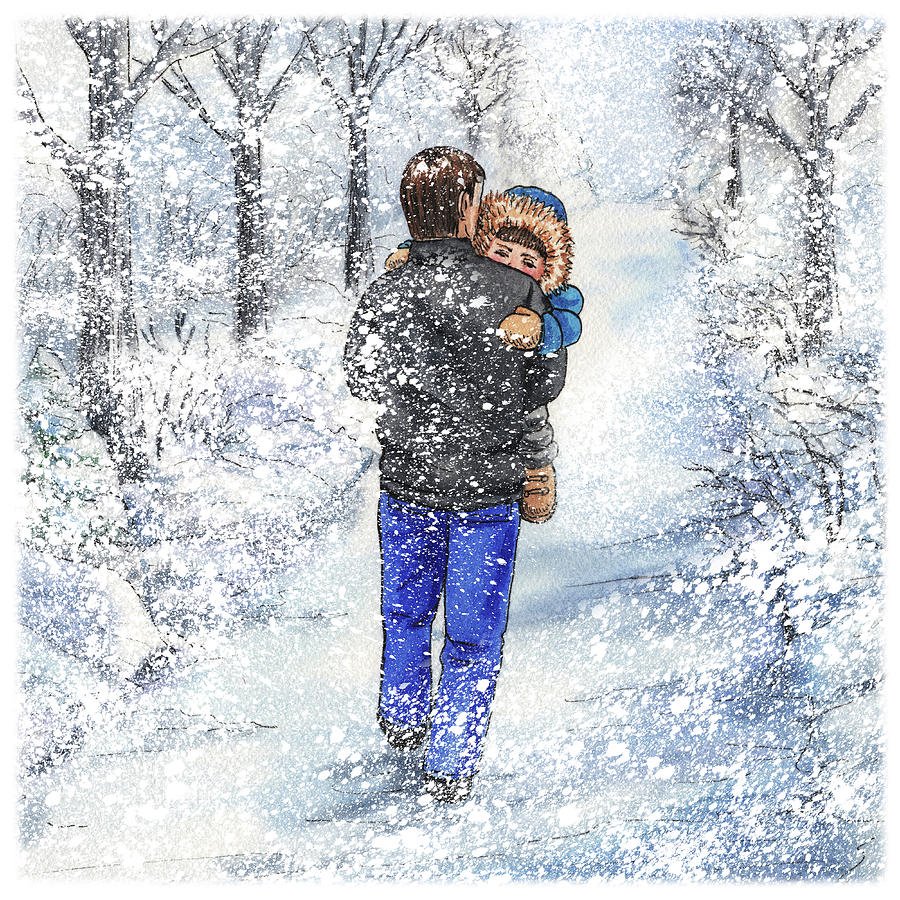 Dad And Child In The Winter Snow Painting by Irina Sztukowski