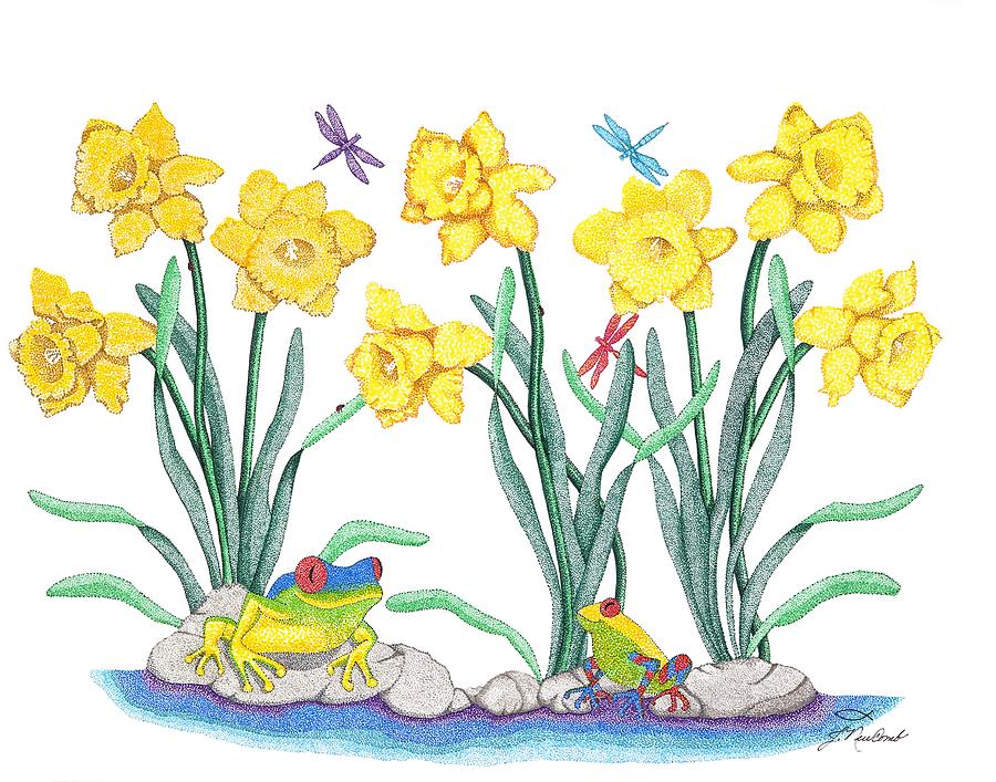 Amphibians Drawing - Daffodil Parade by Judy Cheryl Newcomb