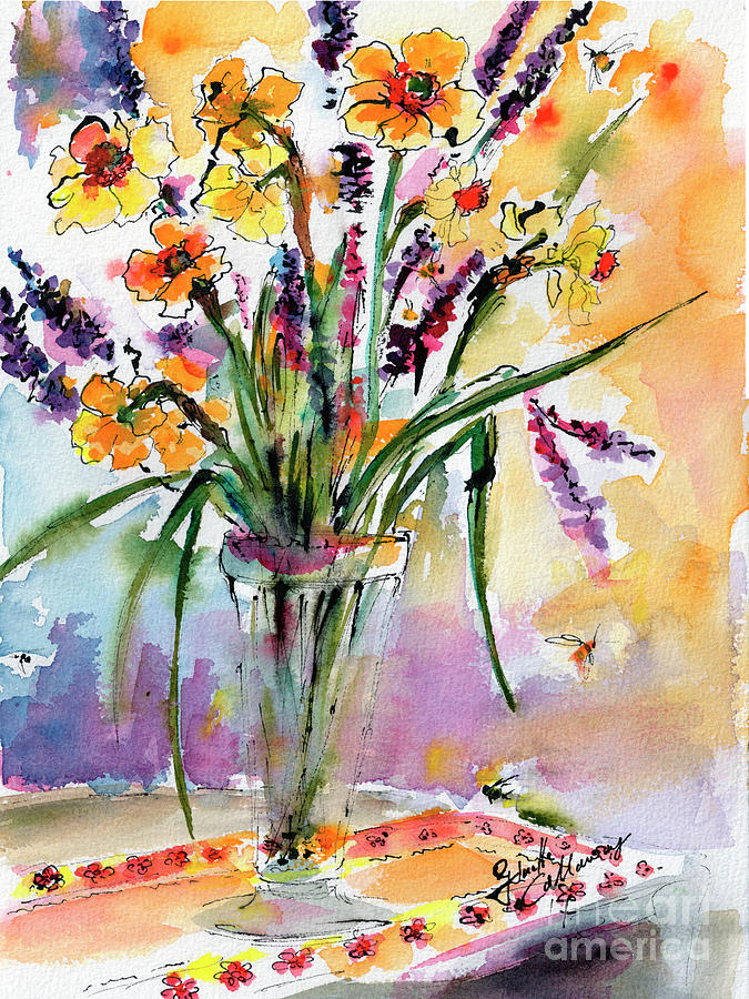 Daffodils and Lavender Spring Still Life Painting by Ginette Callaway