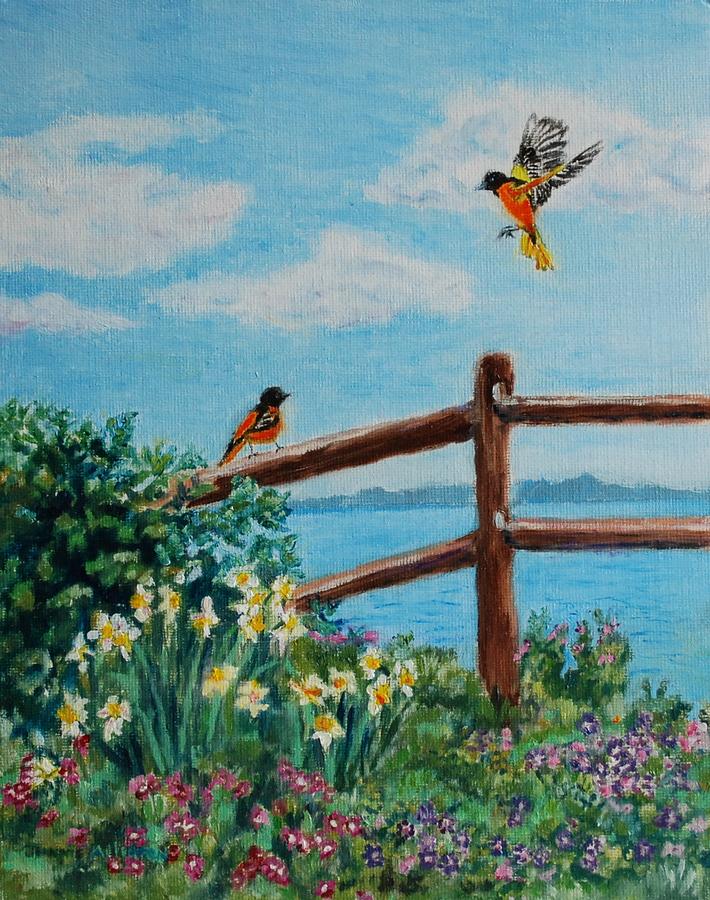 Daffodils and Orioles Painting by Jeannie Allerton