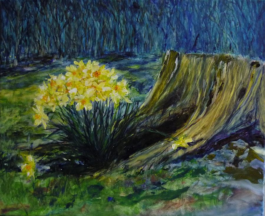 Daffodils And Tree Stump Painting by Lizzy Forrester