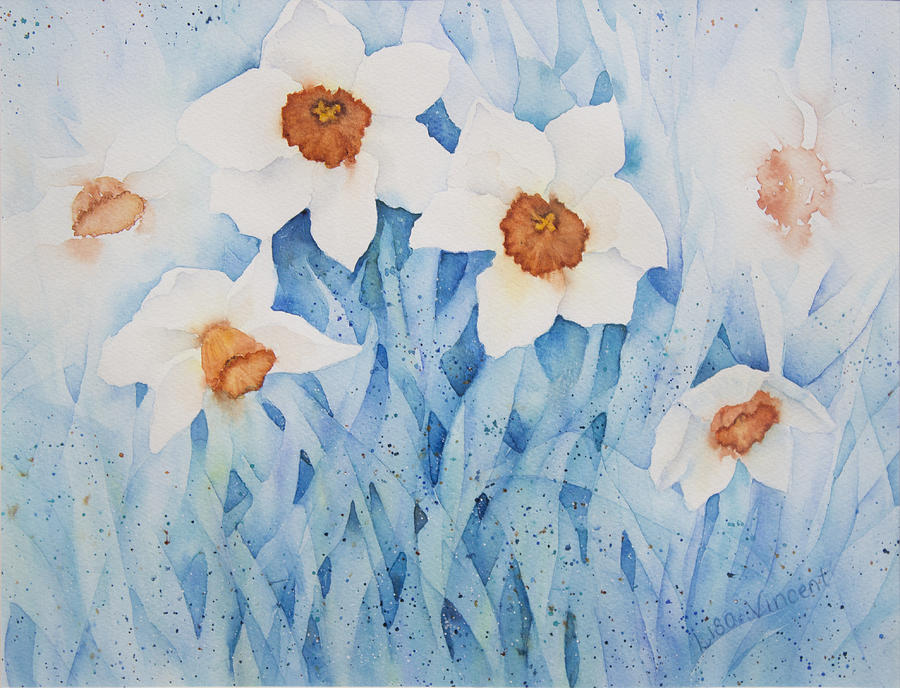 Daffodils in Blue Painting by Lisa Vincent