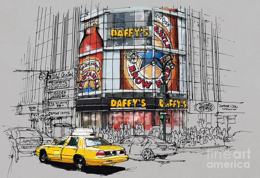 Daffys New York City Yellow Cab Original Sketch Painting