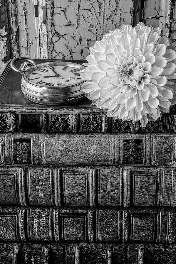 Still Life Photograph - Dahlia On Old Books by Garry Gay