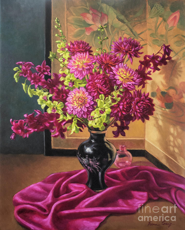 Still Life Painting - Dahlias and Orchids on Silk by Fiona Craig