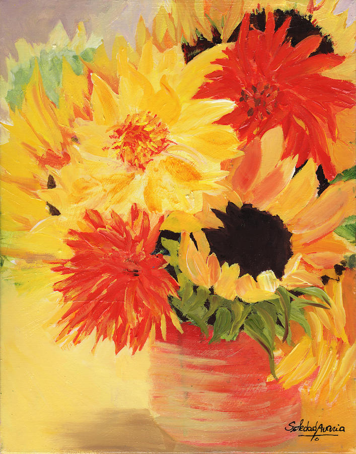 Dahlias and Sunflowers Painting by Sole Avaria