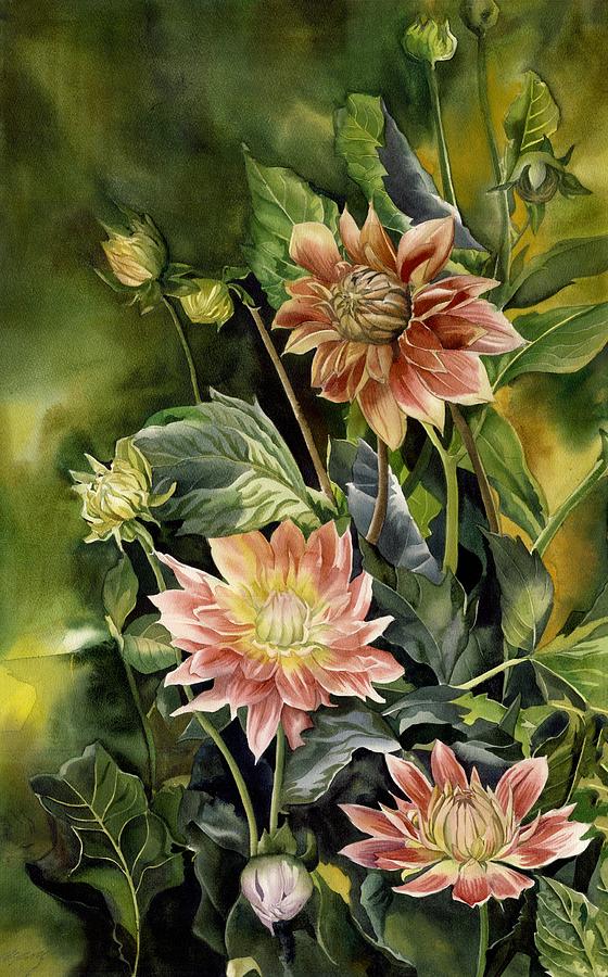Dahlias in autumn Painting by Alfred Ng