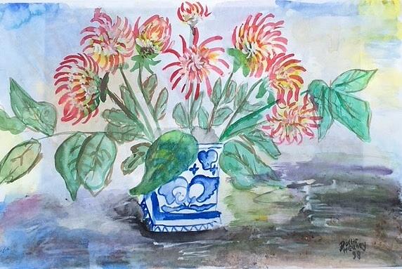 Dahlias in blue vase Painting by Dottie Visker