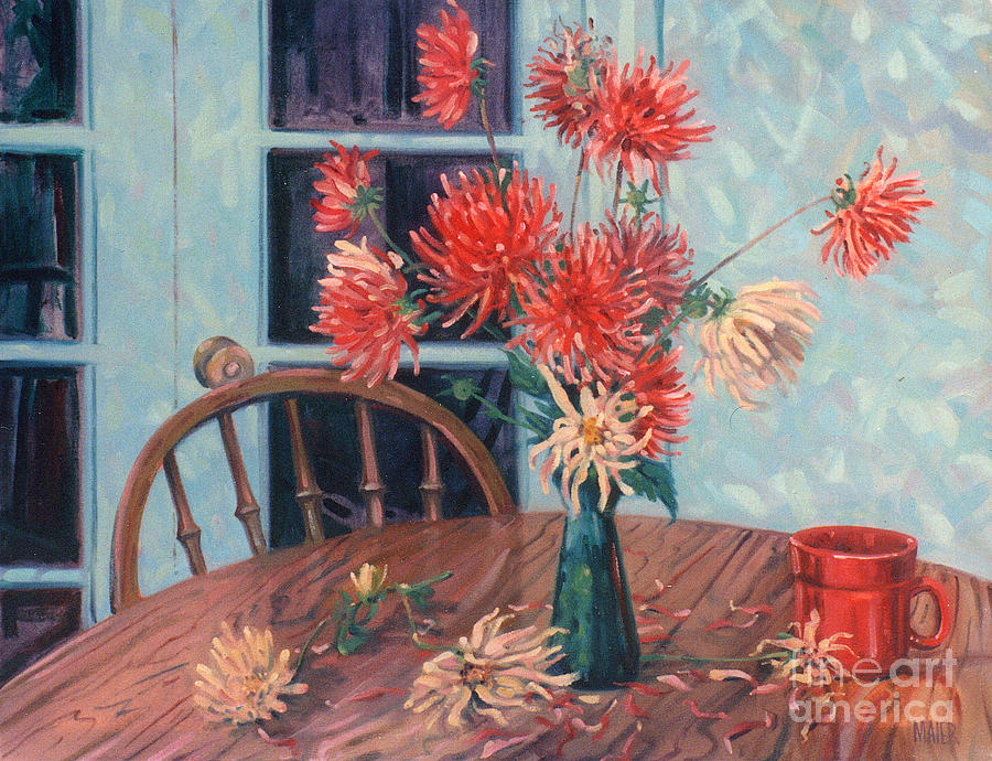 Still Life Painting - Dahlias with Red Cup by Donald Maier