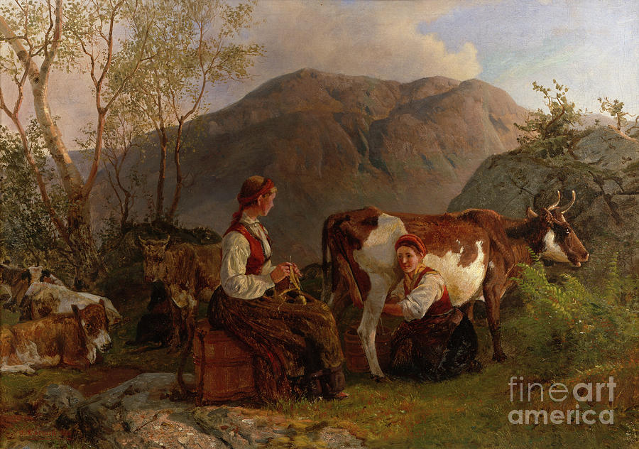 Dairymaids with cows Painting by O Vaering