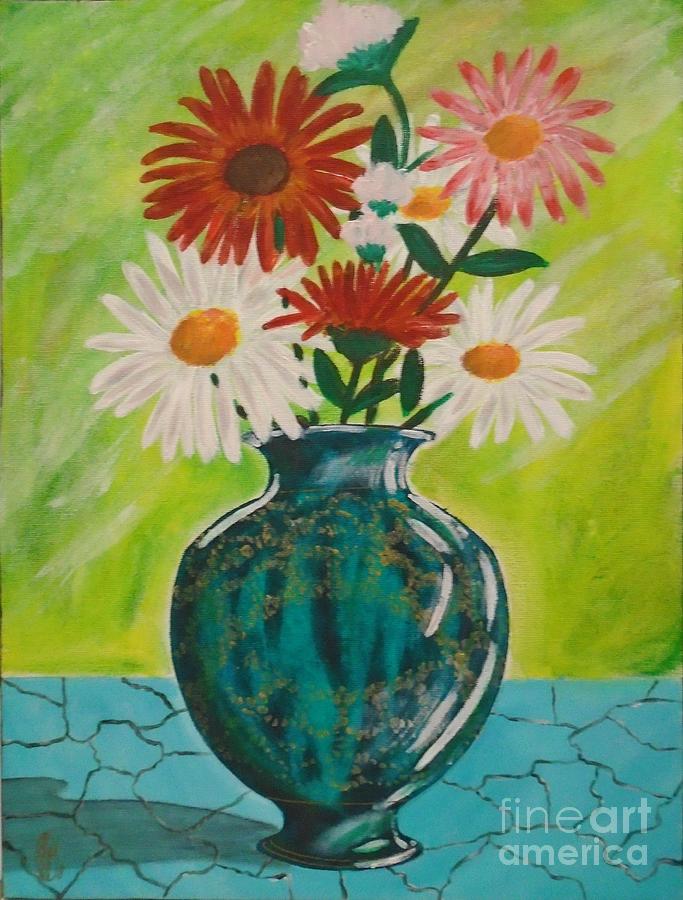 Daisies and Blue Vase Painting by John Lyes