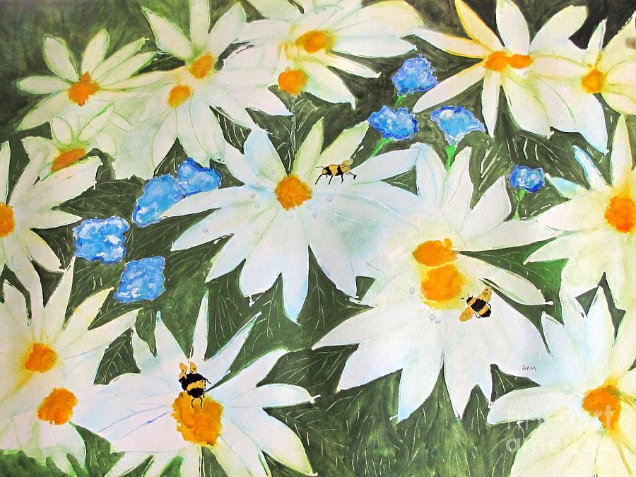 Daisies and Bumblebees Painting by Sandy McIntire