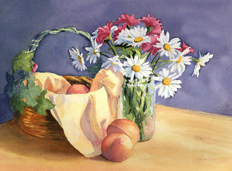 Still Life Painting - Daisies and Peaches by Vikki Bouffard