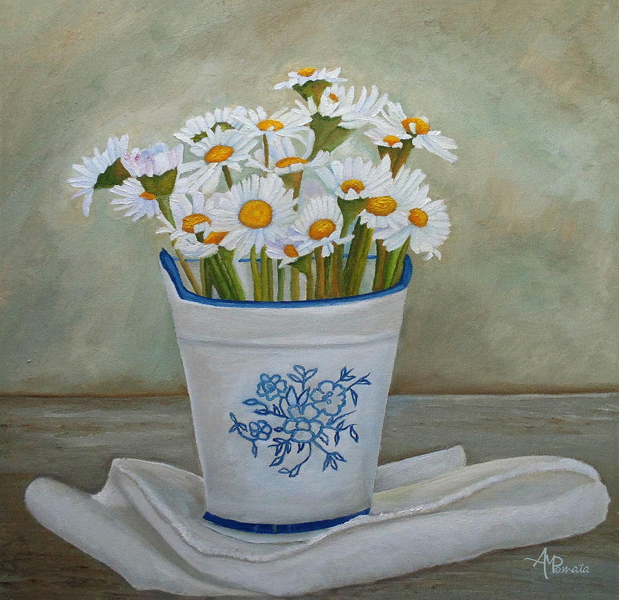 Daisies And Porcelain Painting by Angeles M Pomata
