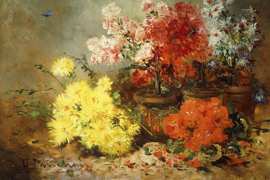 Daisies, Begonia, and Other Flowers in Pots Painting by Eugene Henri Cauchois
