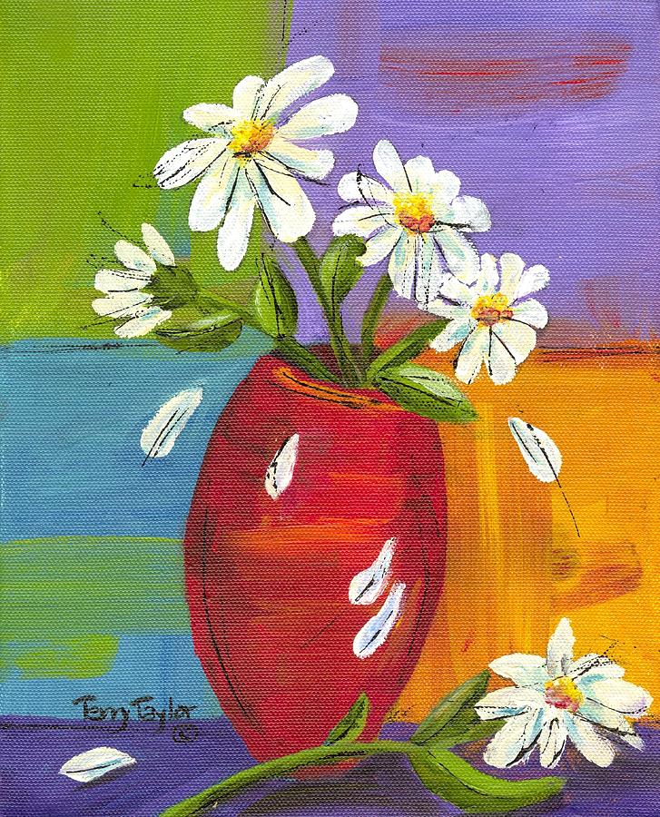 Daisies in a Red Vase Painting by Terry Taylor