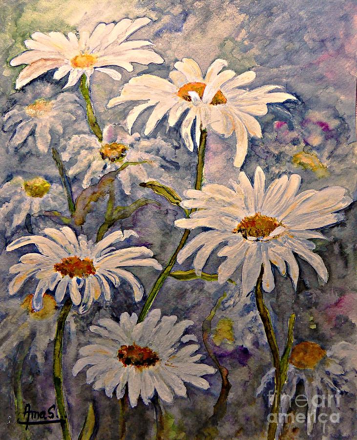 Daisies Watercolor Painting by Amalia Suruceanu