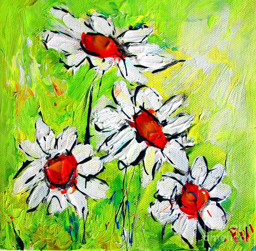 Daisys On Green Semi Abstract  Painting by Mary Cahalan Lee - aka PIXI