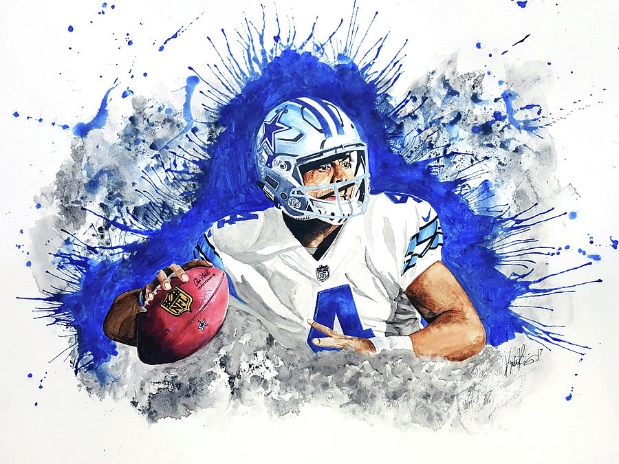 Dak Prescott NFL Dallas Cowboys Quarterback Watercolor Portrait