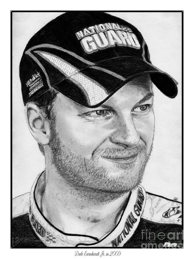 Black And White Drawing - Dale Earnhardt Jr in 2009 by J McCombie