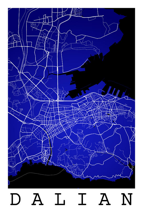 Dalian Street Map - Dalian China Road Map Art on Blue Backgro Digital ...