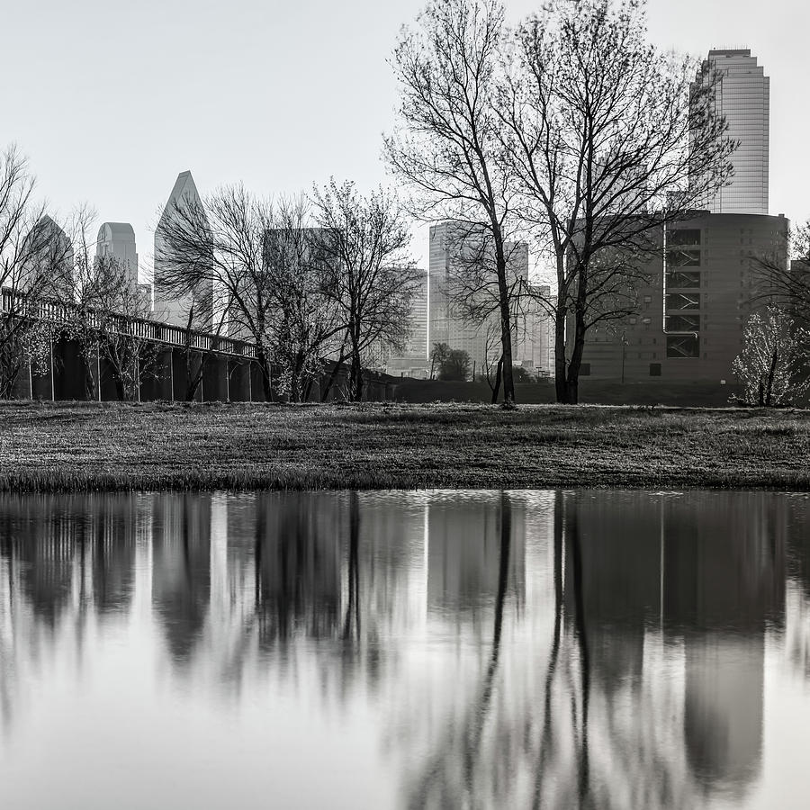 Dallas Photograph - Dallas Black and White Skyline Square Format Trinity Reflections by Gregory Ballos