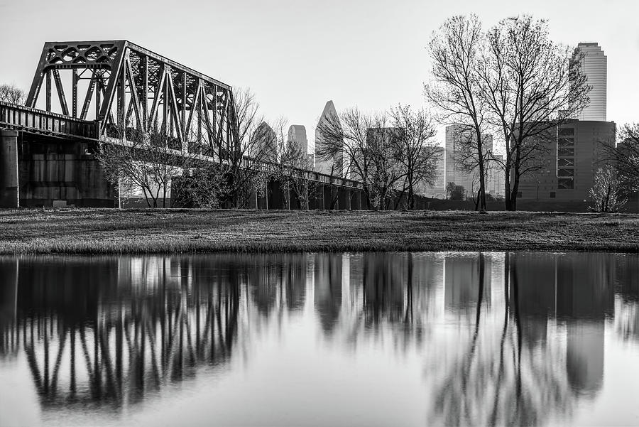 Dallas Photograph - Dallas Morning Skyline Reflections in Black and White by Gregory Ballos