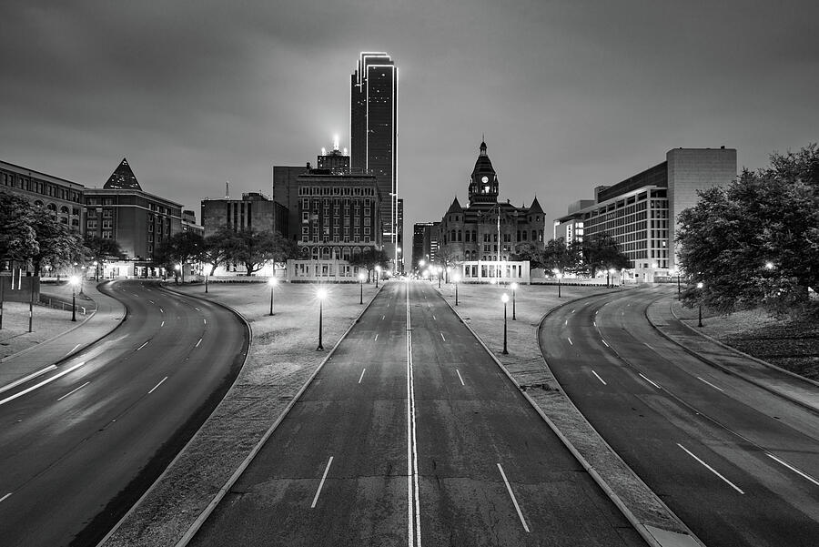Dallas Skyline and Dealey Plaza at Dawn - Black and White Photograph by Gregory Ballos