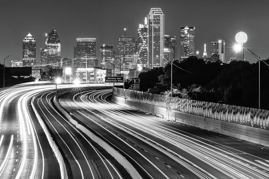 Dallas Skyline at Night in Black and White Photograph by Gregory Ballos